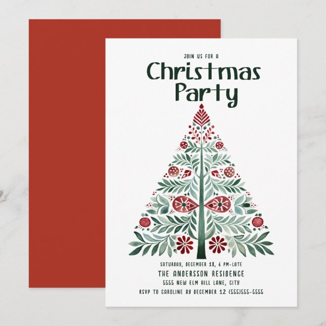 Scandinavian Nordic Green Red Christmas Tree Party Invitation (Front/Back)