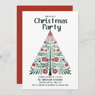Scandinavian Nordic Green Red Christmas Tree Party Invitation