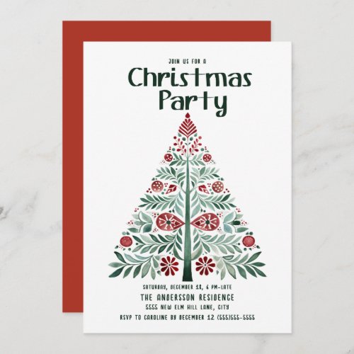 Scandinavian Nordic Green Red Christmas Tree Party Invitation