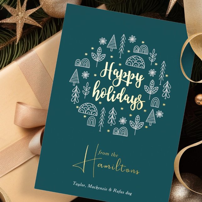 Scandinavian Nordic Happy Holidays Personalized Foil Holiday Card (Scandinavian Nordic Happy Holidays Personalized Foil Holiday Card by Ricaso green, white, REAL foil
)