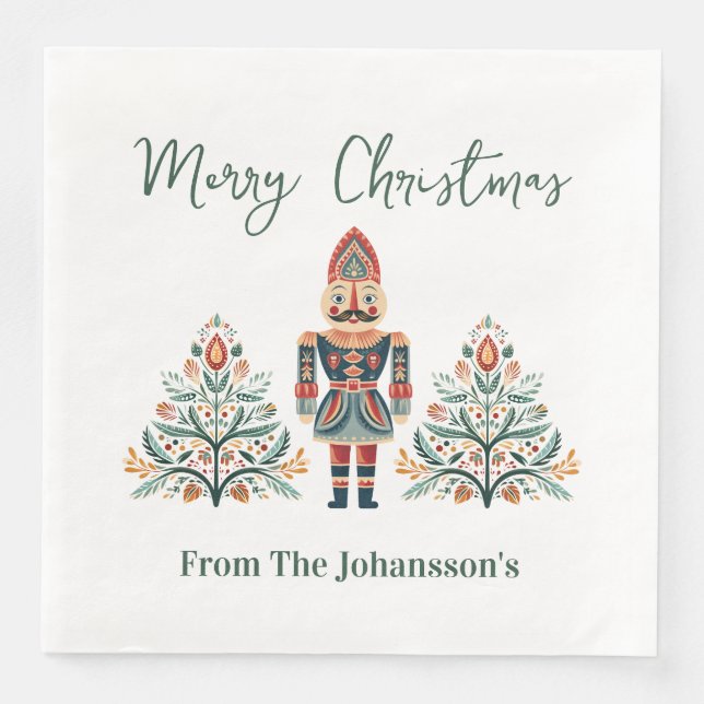 Scandinavian Nutcracker Custom Name Christmas Paper Dinner Napkins (Front)
