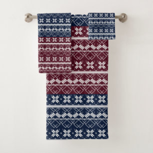 Scandinavian ornament on a blue, burgundy bath towel set