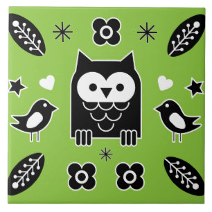 Scandinavian Owl Folk Art Ceramic Tile