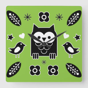 Scandinavian Owl Folk Art Gift Square Wall Clock