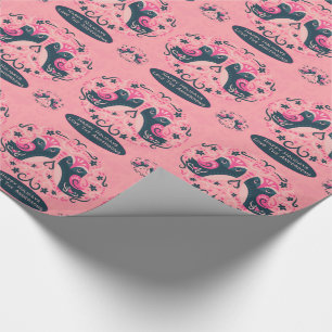Scandinavian PINK Blue Folk Art Birds Named Wrapping Paper