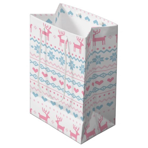 Scandinavian Pink  Blue Ski Sweater Pattern Medium Gift Bag