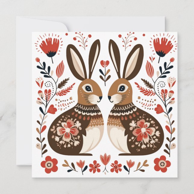 Scandinavian Rabbits Valentines Easter Holiday Card (Front)