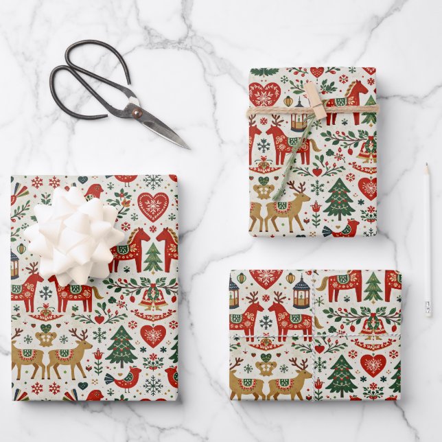 Scandinavian Red and Green Folk Christmas Pattern Wrapping Paper Sheets (Front)