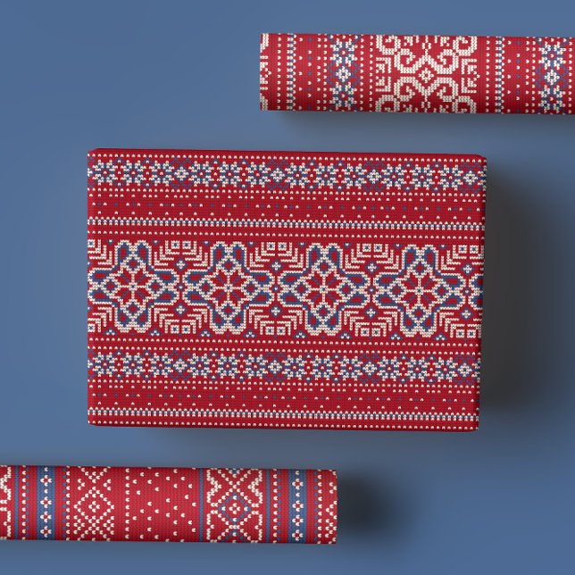 Scandinavian Red & Blue Winter Sweater Pattern Wrapping Paper Sheets (Creator Uploaded)