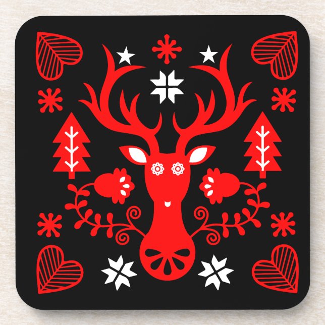 Scandinavian Red Christmas Deer Beverage Coaster (Front)