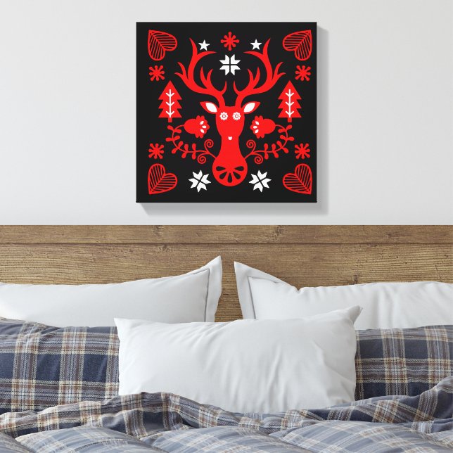 Scandinavian Red Christmas Deer Canvas Print (Insitu(Bedroom))