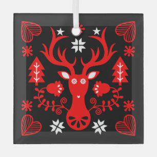Scandinavian Red Christmas Deer Glass Ornament