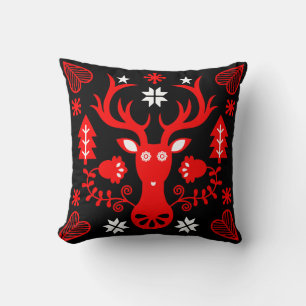 Scandinavian Red Christmas Deer Throw Pillow