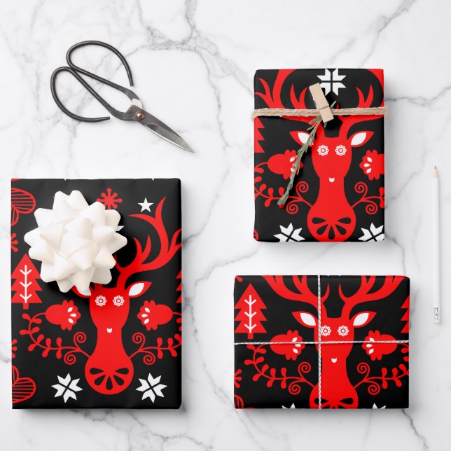 Scandinavian Red Christmas Deer Wrapping Paper Sheets (Front)
