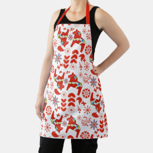 Scandinavian Red Floral Dala Horse Pattern White Apron