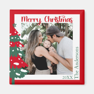 Scandinavian Red& Green One Photo Merry Christmas  Magnet