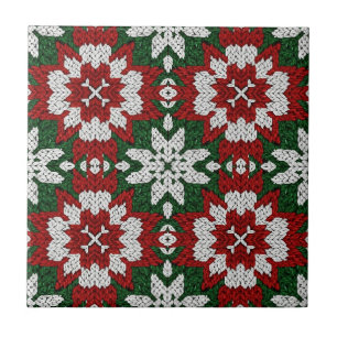 Scandinavian Red Green White Winter Knit Ceramic Tile