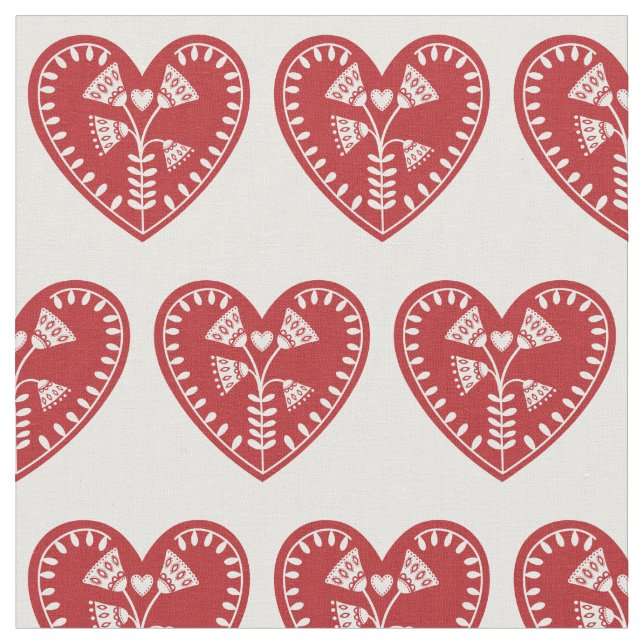 Scandinavian Red Heart Print Fabric (Close Up)
