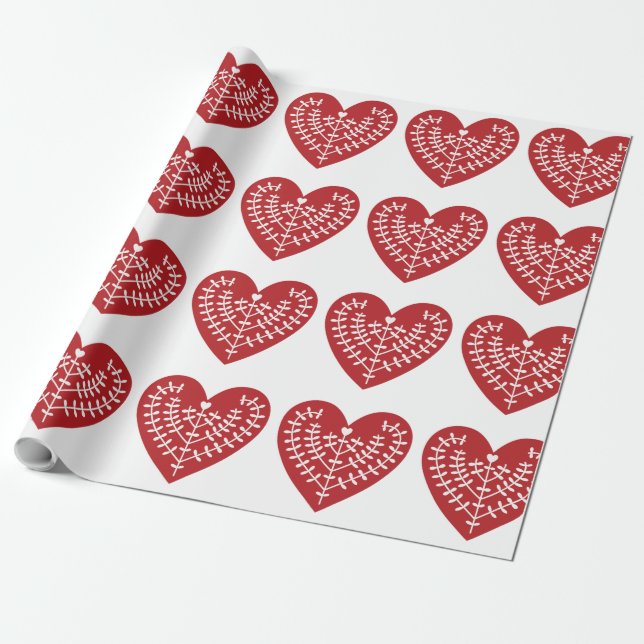 Scandinavian Red Heart Wrapping Paper (Unrolled)