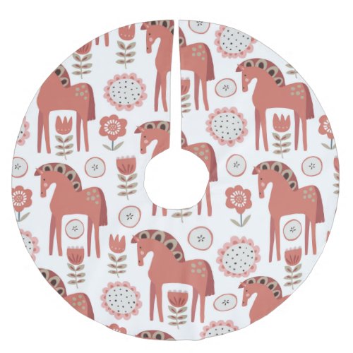 Scandinavian Red Horse and Floral Christmas Brushed Polyester Tree Skirt