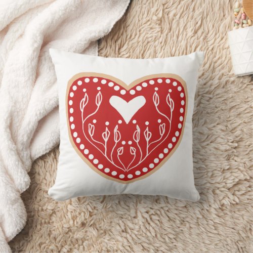 Scandinavian Red White Folk Art Heart Christmas Throw Pillow