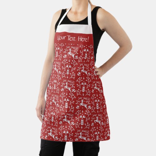 Scandinavian Red White Reindeer Floral Christmas Apron