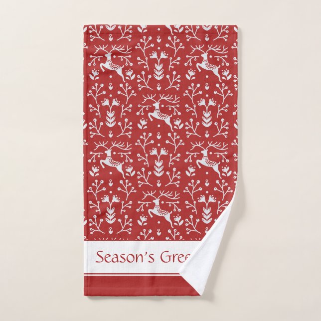 Scandinavian Red White Reindeer Floral Christmas Bath Towel Set (Hand Towel)