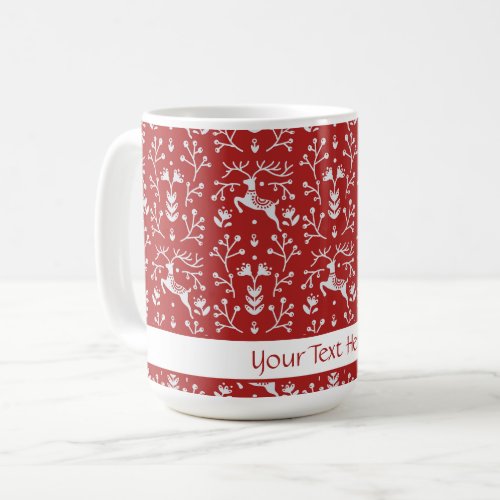 Scandinavian Red White Reindeer Floral Christmas Coffee Mug