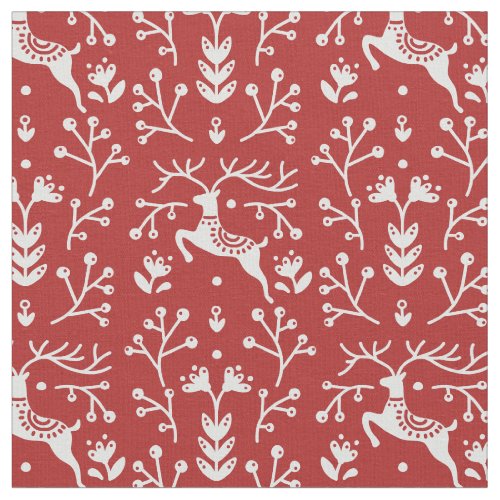 Scandinavian Red White Reindeer Floral Christmas Fabric