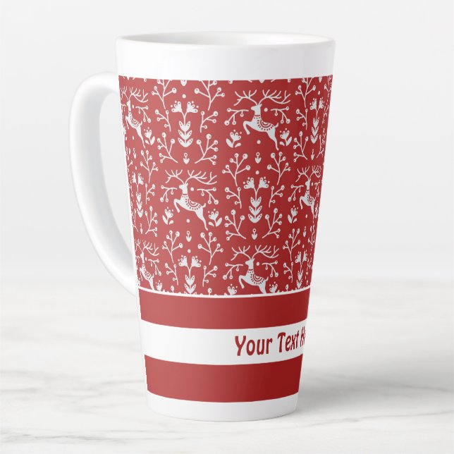 Scandinavian Red White Reindeer Floral Christmas Latte Mug (Left Angle)