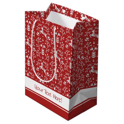 Scandinavian Red White Reindeer Floral Christmas Medium Gift Bag