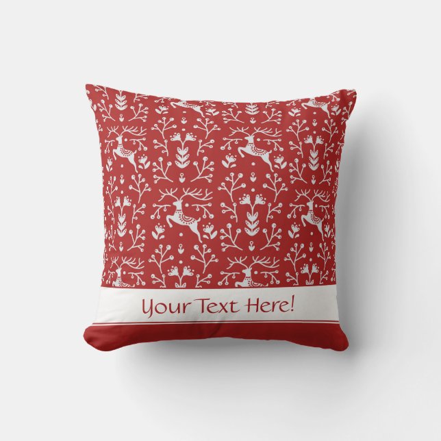 Scandinavian Red White Reindeer Floral Christmas Throw Pillow (Front)