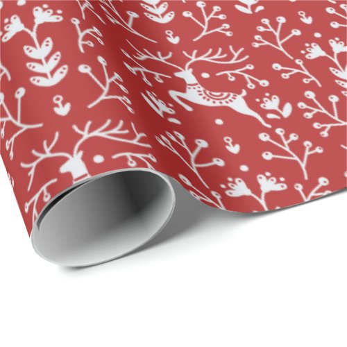 Scandinavian Red White Reindeer Floral Christmas Wrapping Paper