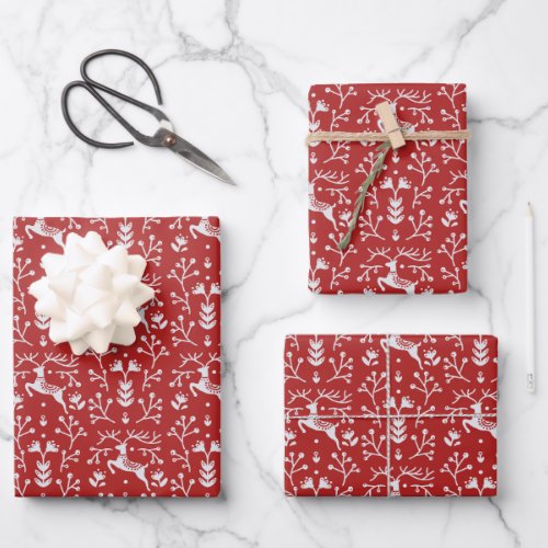 Scandinavian Red White Reindeer Floral Christmas Wrapping Paper Sheets