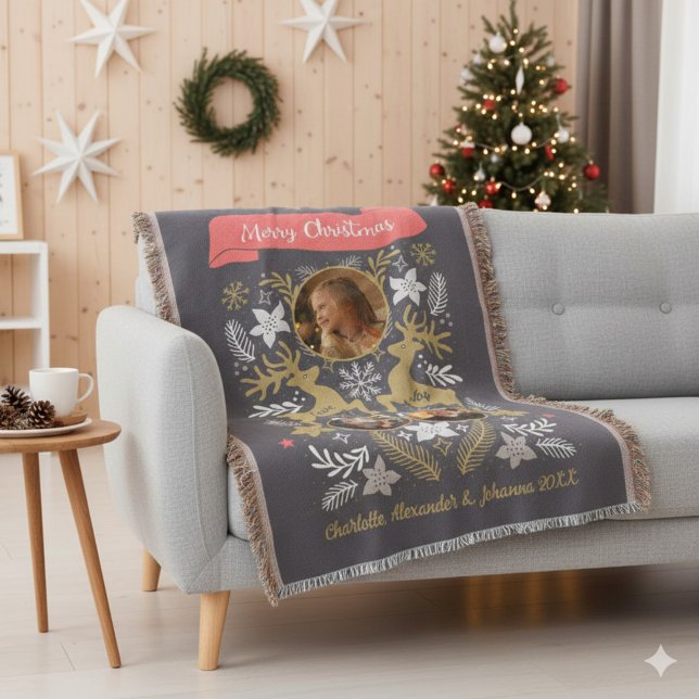 Scandinavian Reindeer 3 Photo Family Keepsake Throw Blanket (Scandinavian Reindeer 3 Photo Holiday Throw Blanket © Susanne Sachers - Sunny Mind Design. 🌞)