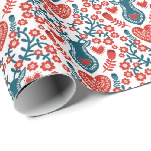 Scandinavian Reindeer and Heart Christmas Pattern Wrapping Paper