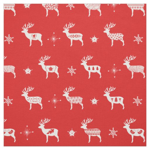 Scandinavian Reindeer Red & White Holiday Folk Art Fabric