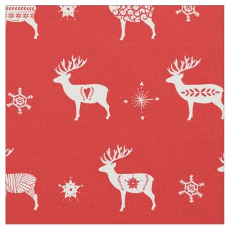 Scandinavian Reindeer Red & White Holiday Folk Art Fabric