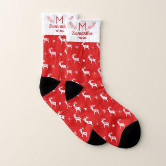 Scandinavian Reindeer Red & White Holiday Monogram Socks