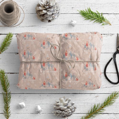 Scandinavian Reindeer Tree Animal Snowflake Beige Wrapping Paper