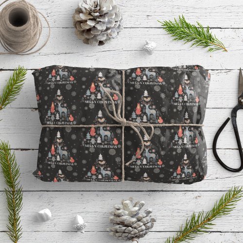 Scandinavian Reindeer Tree Animal Snowflake Black Wrapping Paper