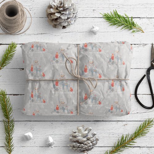 Scandinavian Reindeer Tree Animal Snowflake Gray Wrapping Paper