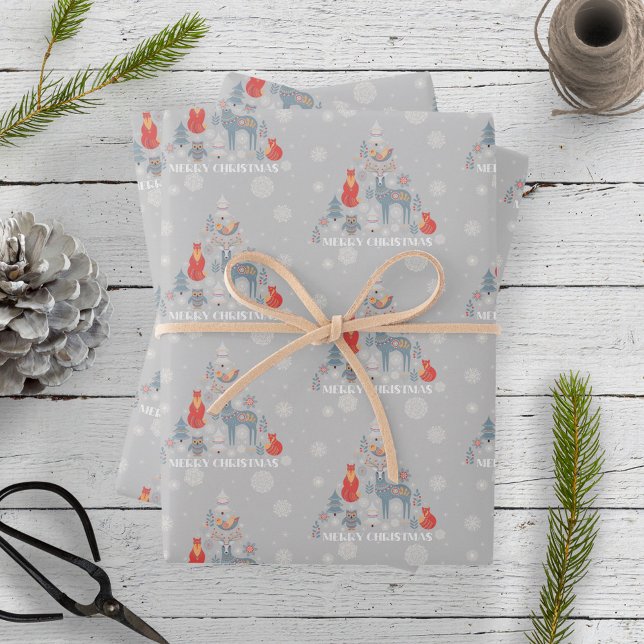 Scandinavian Reindeer Tree Floral Animal Snowflake Wrapping Paper Sheets (Creator Uploaded)