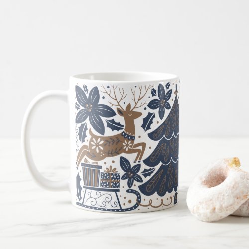 Scandinavian Reindeer Tree Floral Navy Gold Coffee Mug