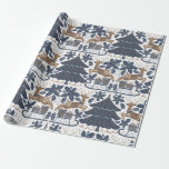 Scandinavian Reindeer Tree Floral Navy Gold  Wrapping Paper at Zazzle