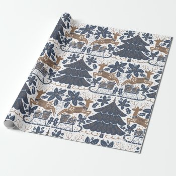 Scandinavian Reindeer Tree Floral Navy Gold  Wrapping Paper by blush_printables at Zazzle