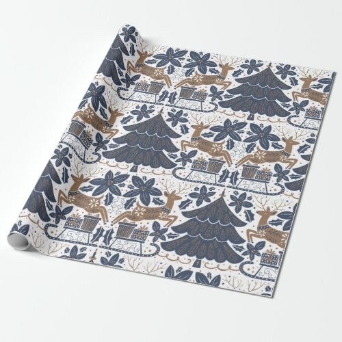 Scandinavian Reindeer Tree Floral Navy Gold  Wrapping Paper