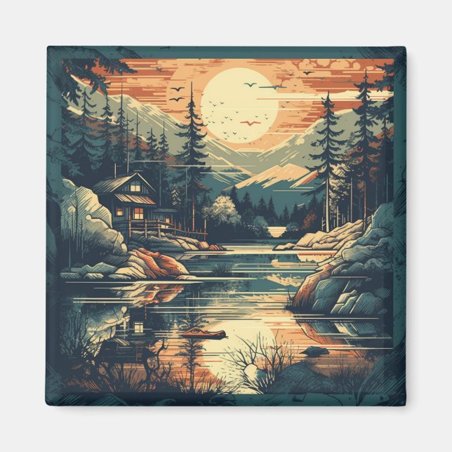 Scandinavian Retro Art mountain home Magnet (Front)