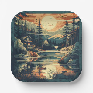 Scandinavian Retro Art mountain home Paper Plates