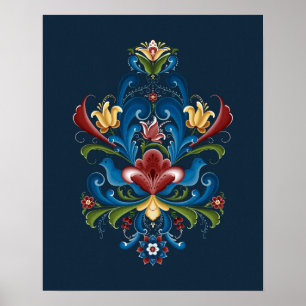 Scandinavian Rosemaling Folk Blue Red Poster